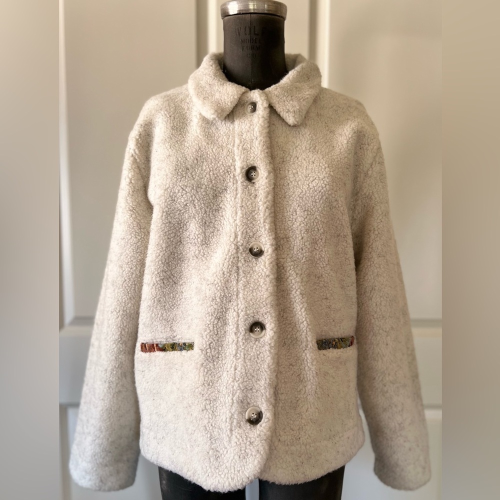 Orvis Oatmeal Knit Jacket w Tapestry Trim Button Front Size M